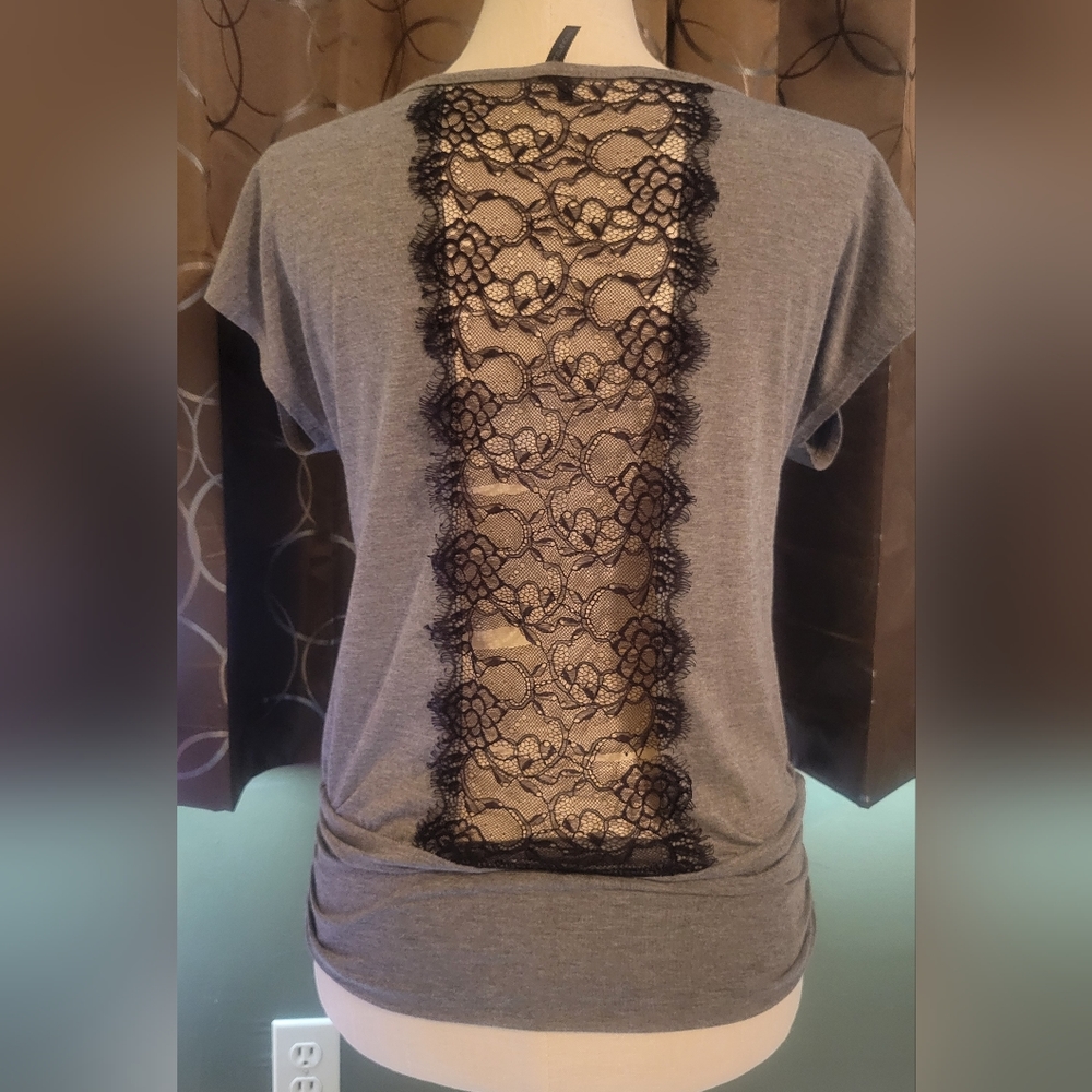 Maurices Short Sleeve Floral Lace Back Banded Waist Top